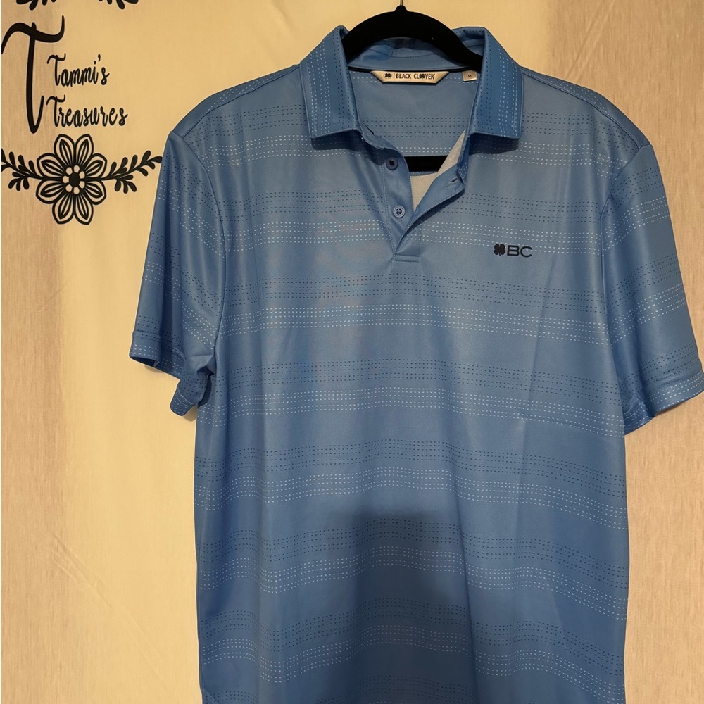 Men’s Black Clover Live Lucky Brand Blue Striped Golf Shirt-  Size M. EUC